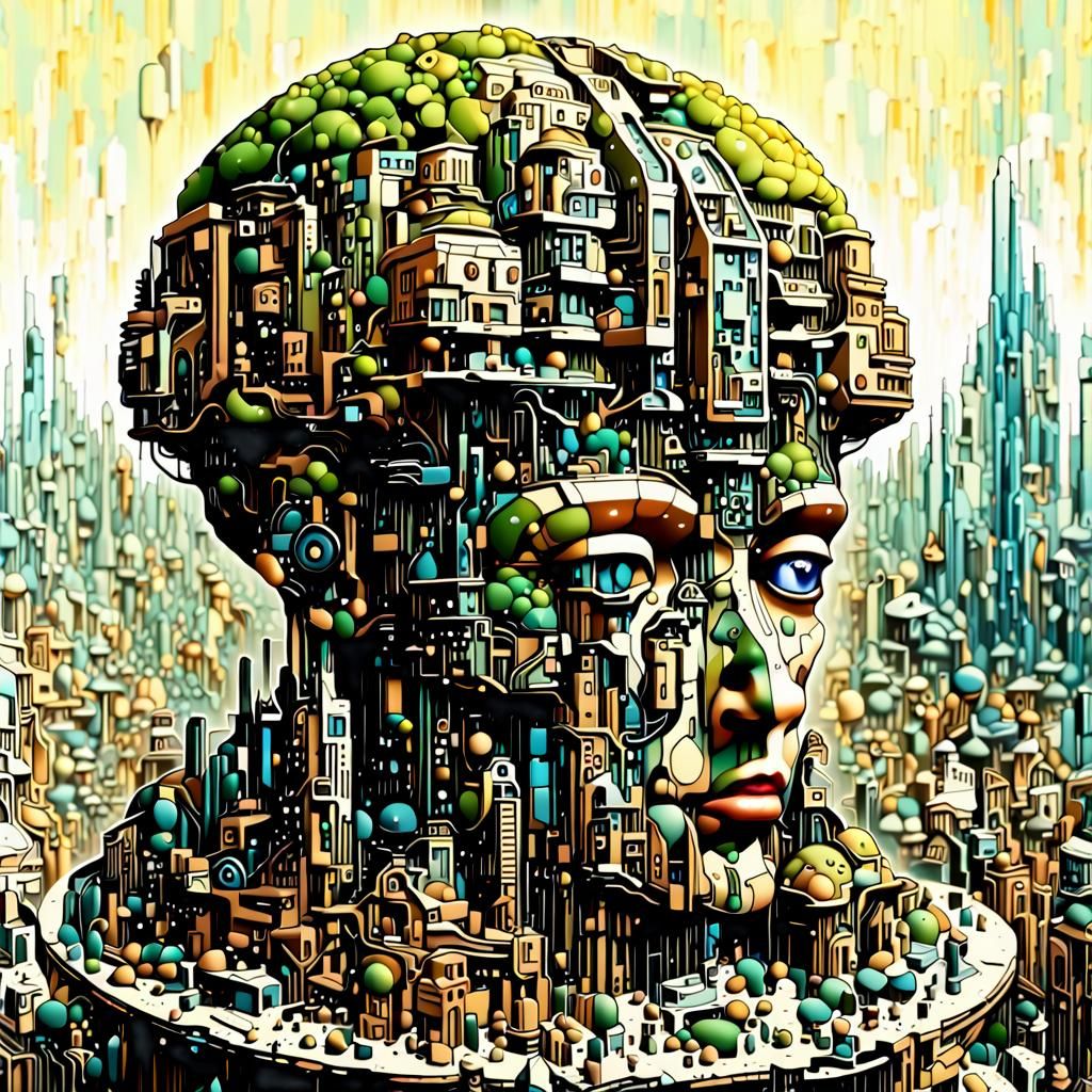 Cybernetic Brain City: Colossal Head in Art Brut Style