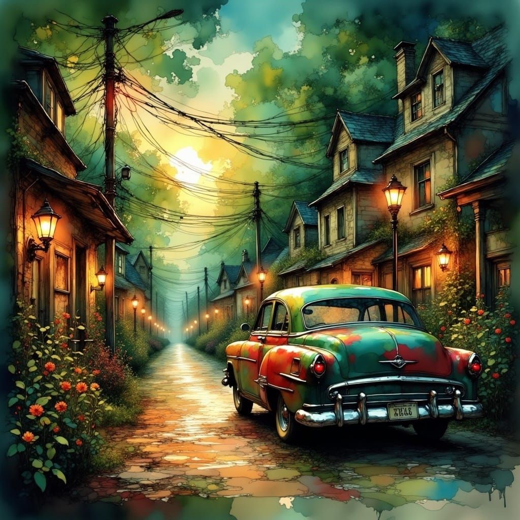 Vintage Car on Country Road in Detailed Matte Painting