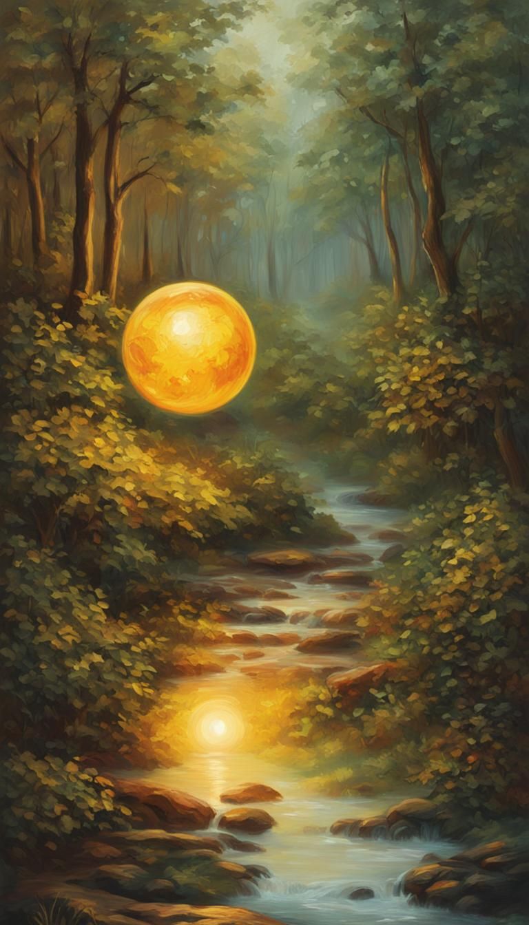 Glowing Orb on Amazonian Path: Vibrant Oil Painting
