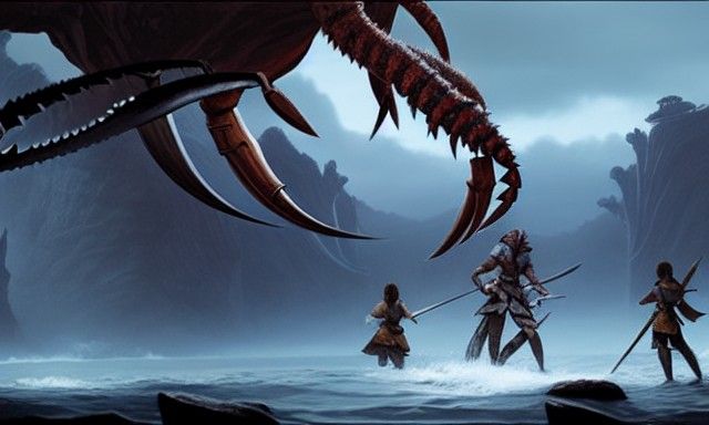 Warriors Clash with Crab Monster in Deep Chasm