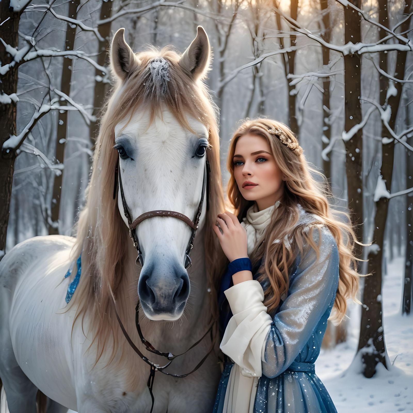 Winter Fantasy Portrait with Arabian Horse in Snowy Forest