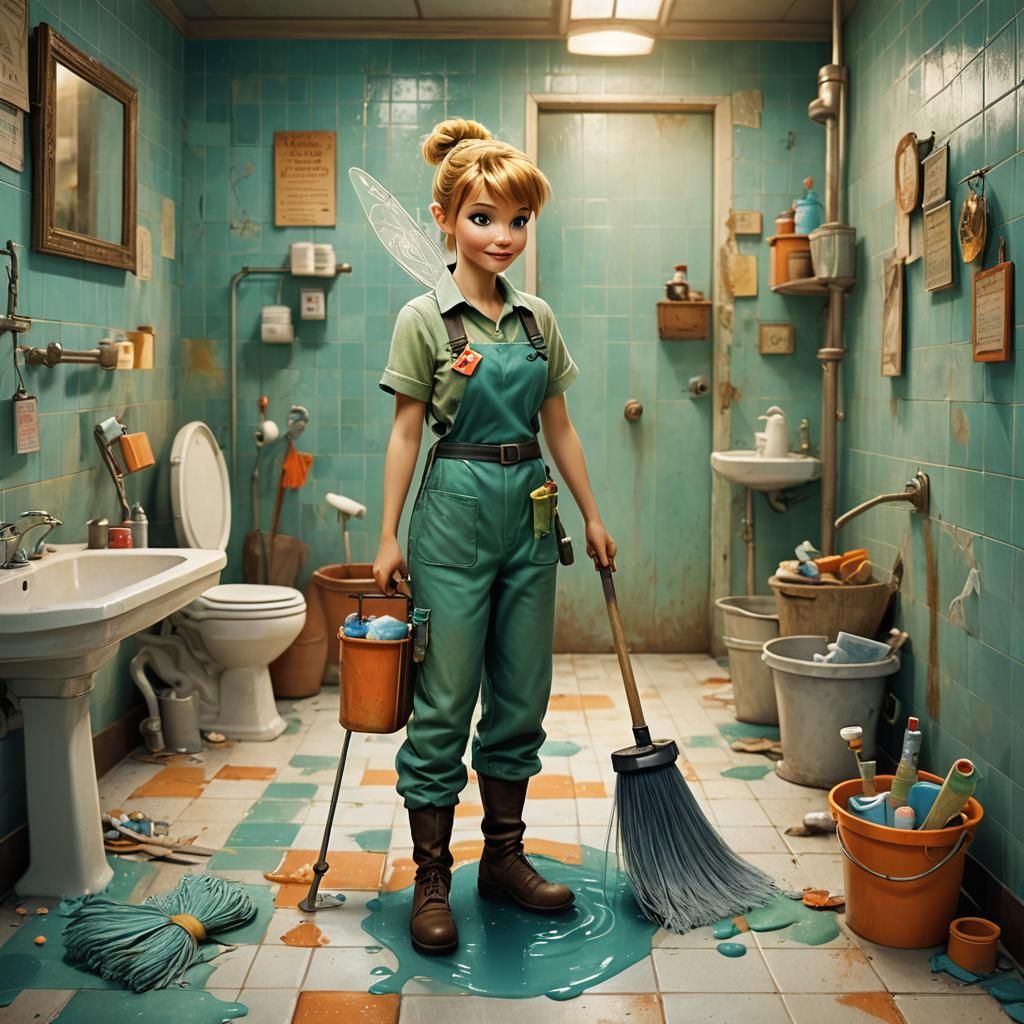 Whimsical Janitor Tinker Bell in Enchanted Restroom Oasis
