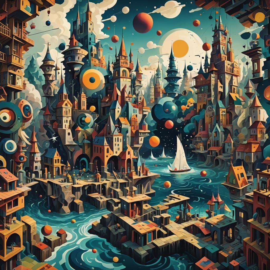 Surrealist Fantasy Landscape in Cubist Style