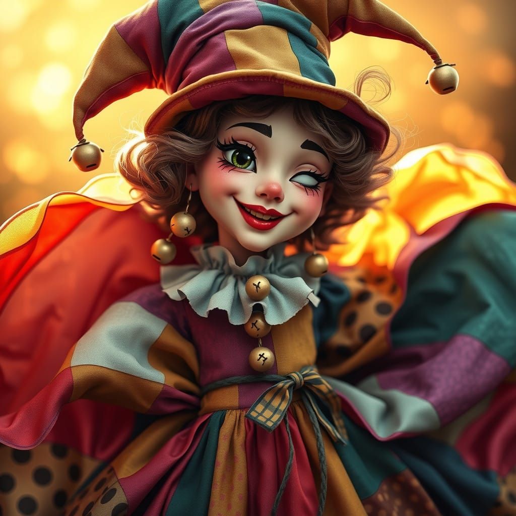Photorealistic Whimsical woman jester picture. Her motley patchwork dress swirled with vibrant hues. Tiny bells adorned ...