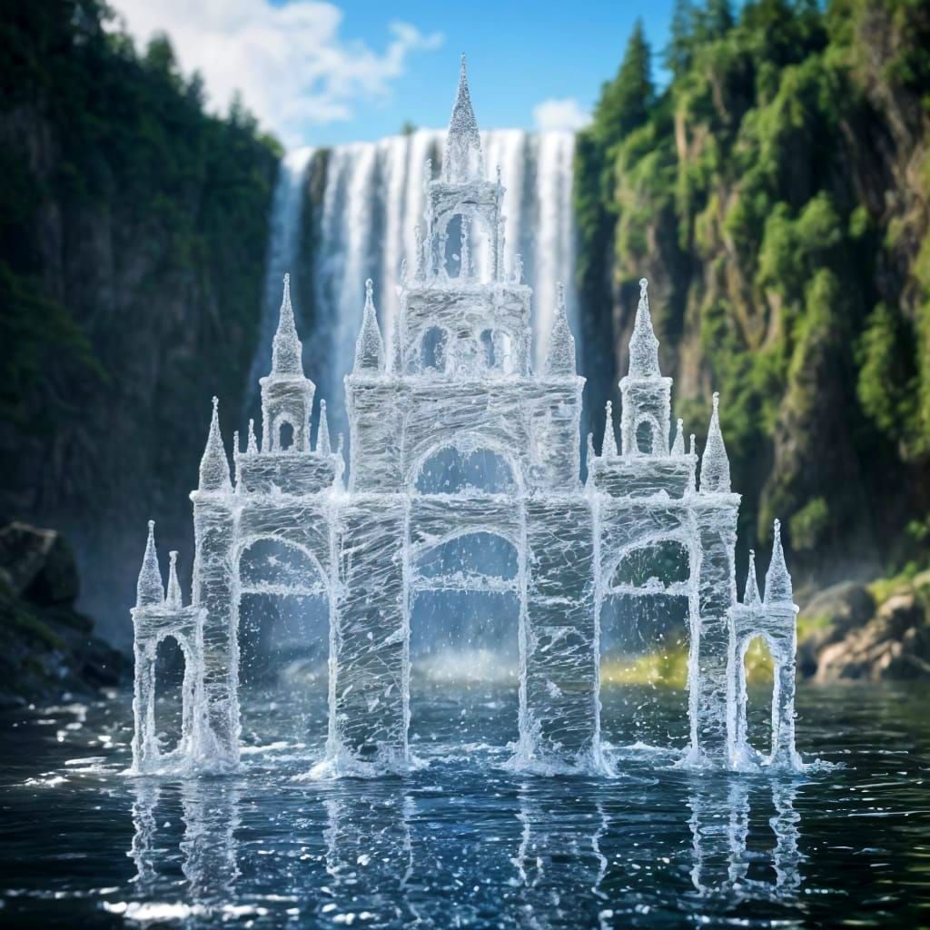 Hyper-Realistic Water Cathedral at Sunset