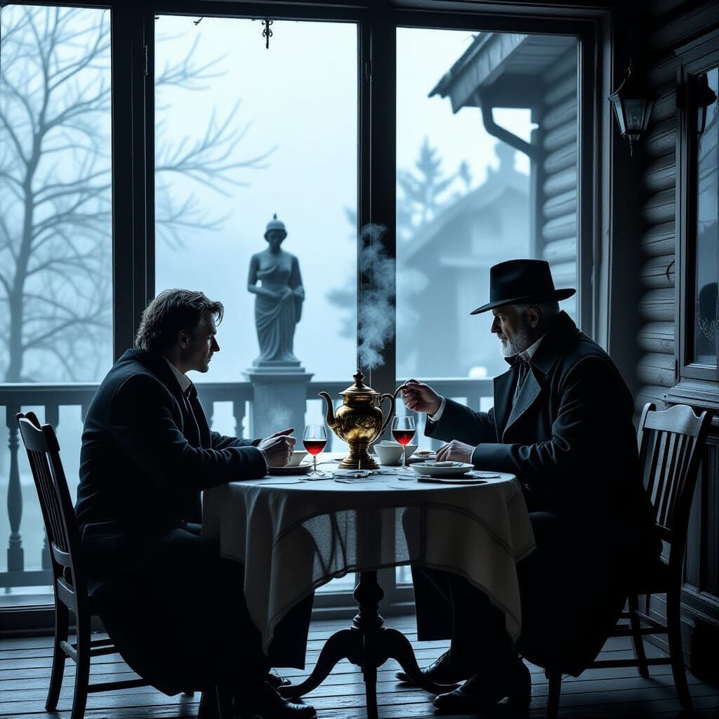 Farewell Dinner with Professor Gradov, Surreal Dacha Veranda