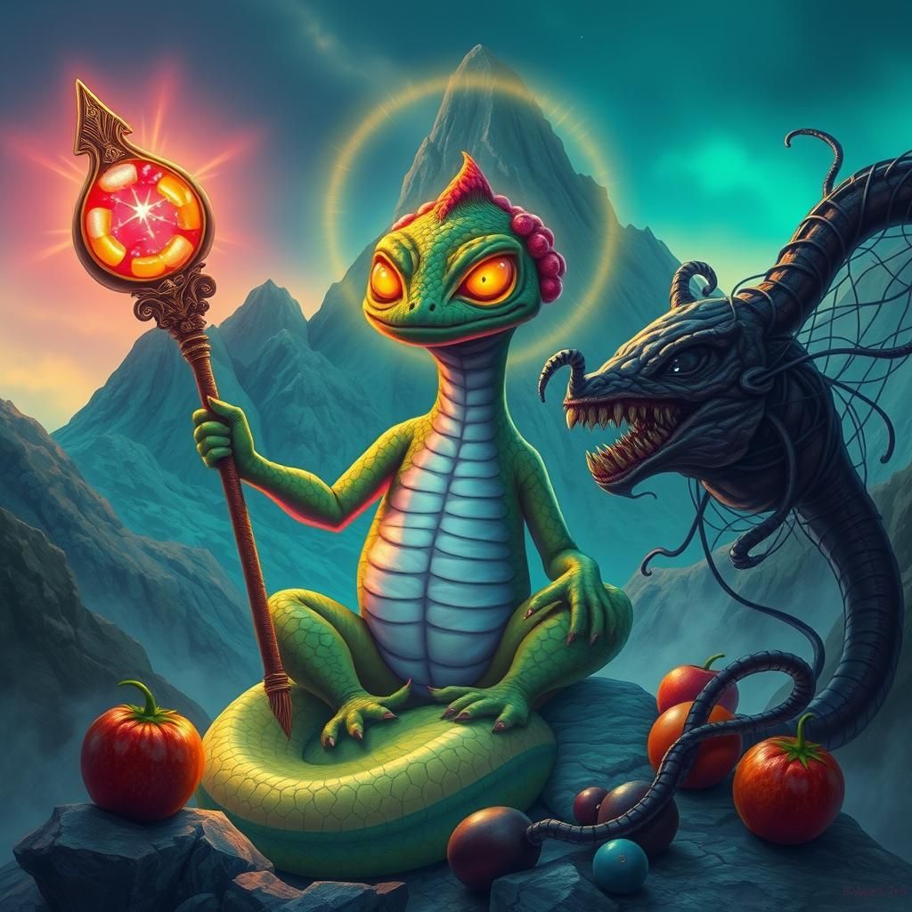 Fruit Gollum Fends Off Dark Creature with Glowing Staff