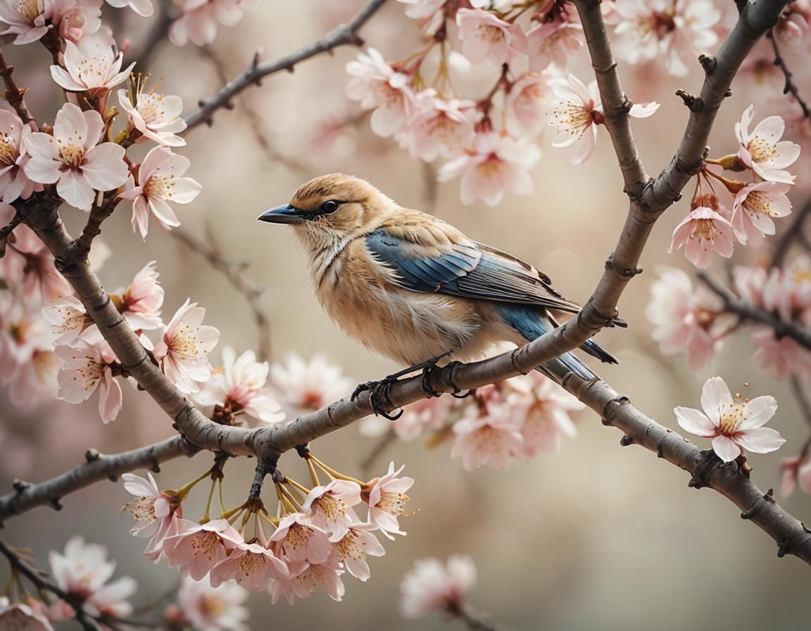 Cherry Blossoms and Nesting Bird in Golden Light