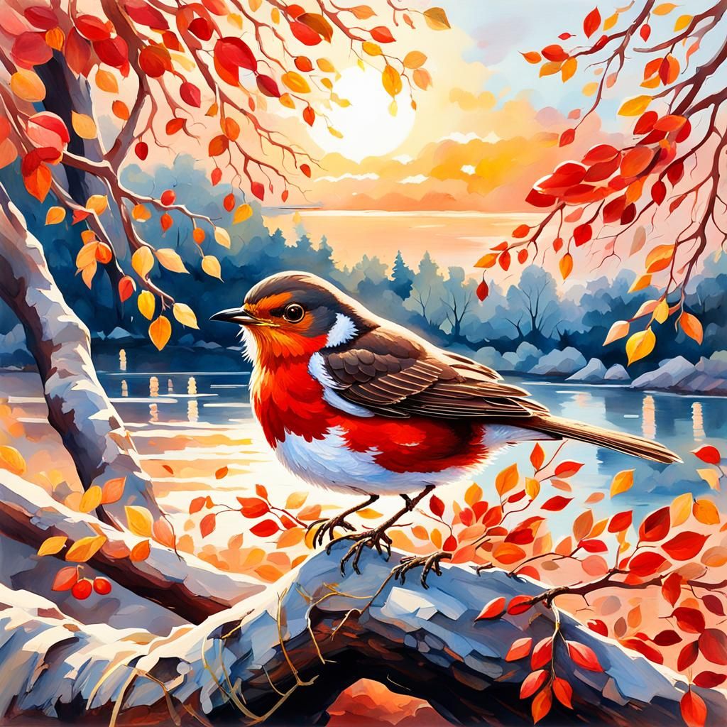 Crimson Robin on Golden Branch: Impressionist Gouache Painti...