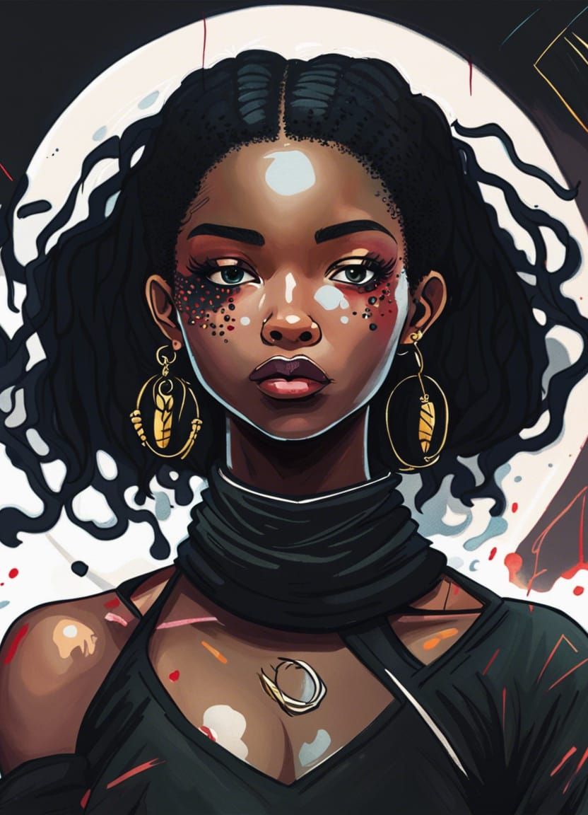 Stylish African Woman in Airport Lounge, Watercolour Art