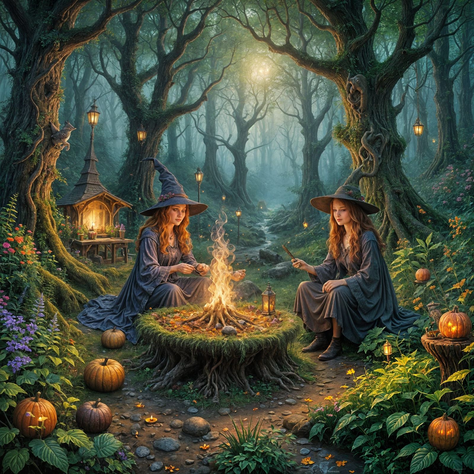 Mystical Witches Prepare Enchanted Stew in a Vibrant, Ethere...
