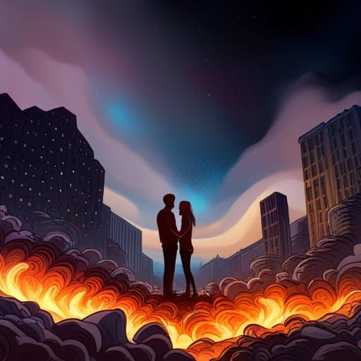 Teenagers Gaze at Burning Sky in Digital Painting