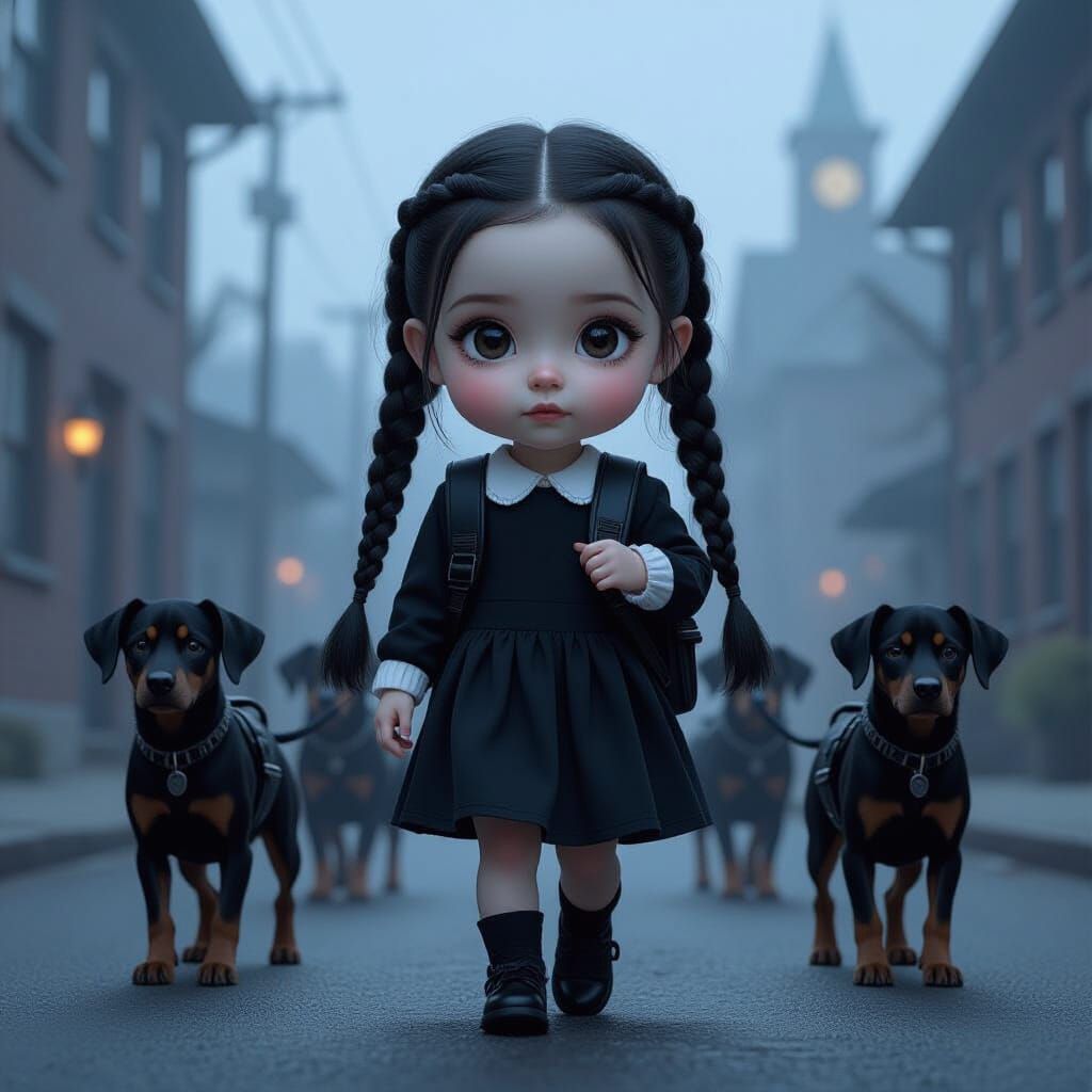 Gothic Baby Girl Walks to School with Dobermans