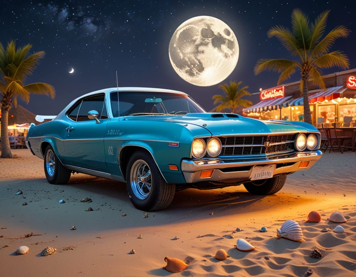 Vintage Muscle Cars Under Moonlight