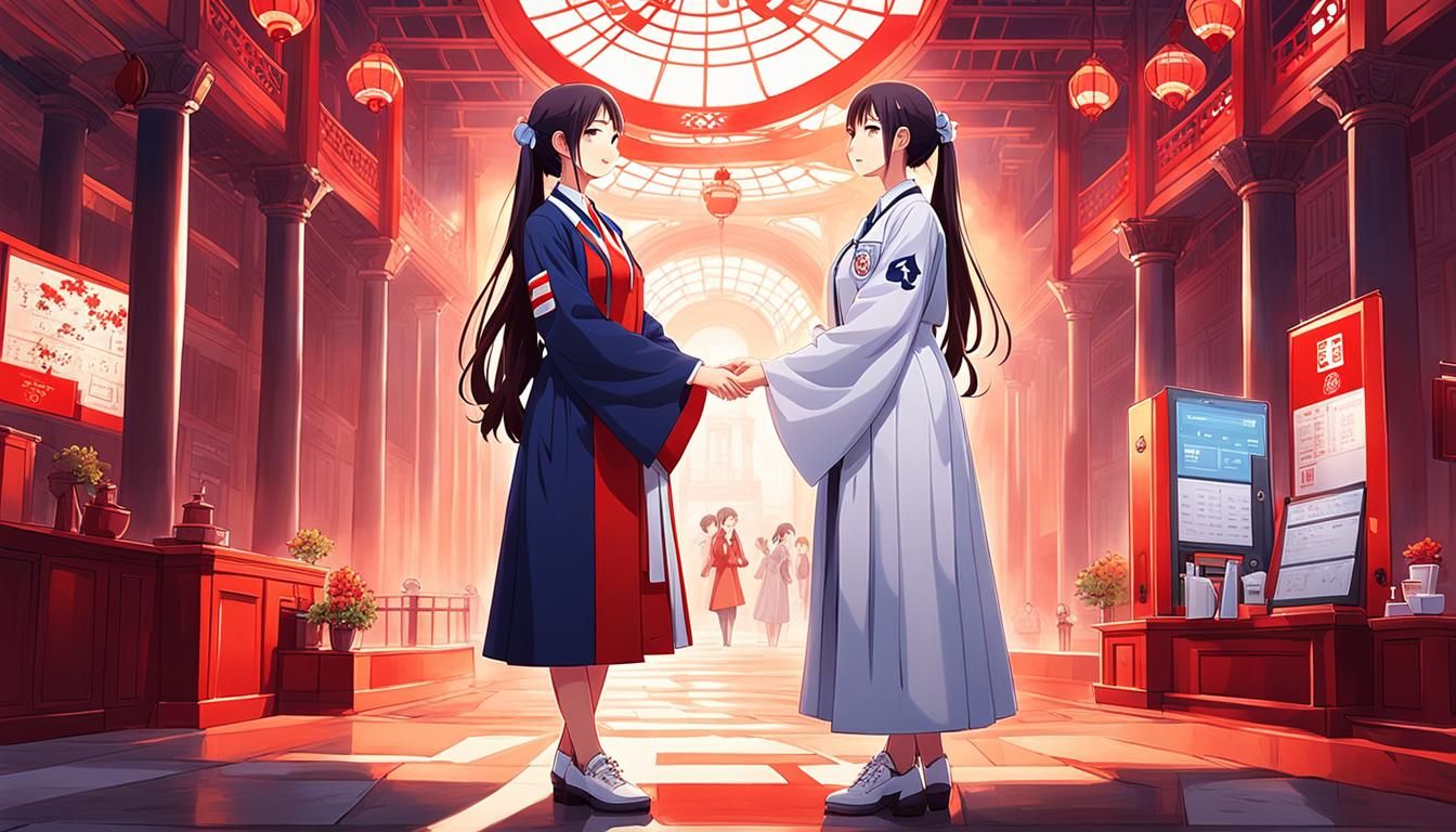 Anime Girls Hugging with University Emblem Colors