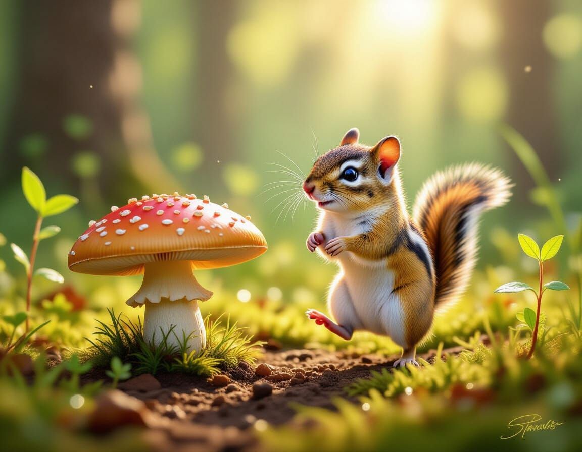 Chipmunk's Triumphant Mushroom Quest in Sunlit Clearing