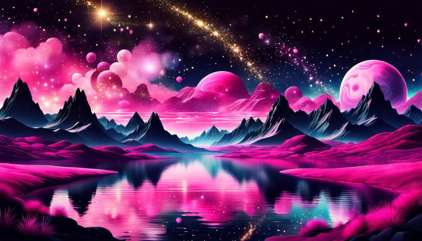 Ethereal Black and Pink Cosmic Dreamscape at Midnight