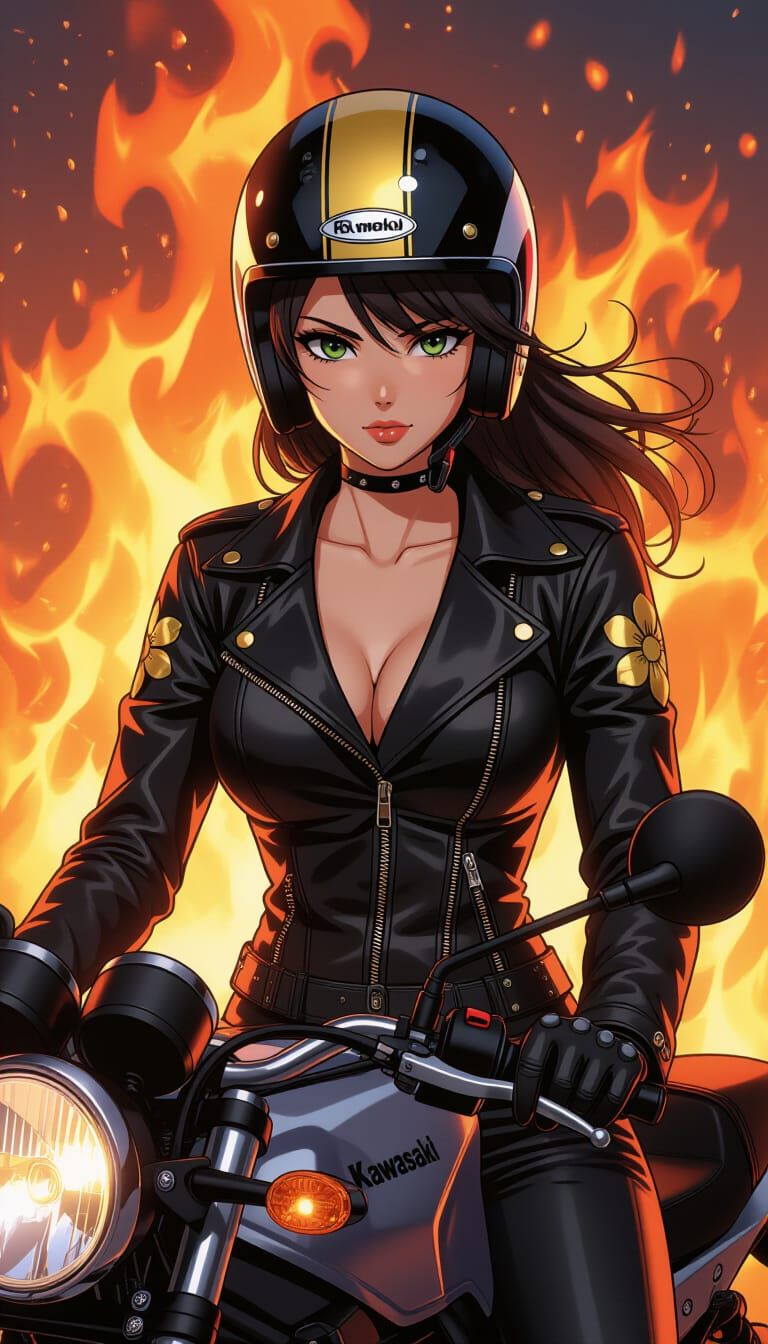 Motorcycle Rider in Flames, Studio Trigger Anime Style