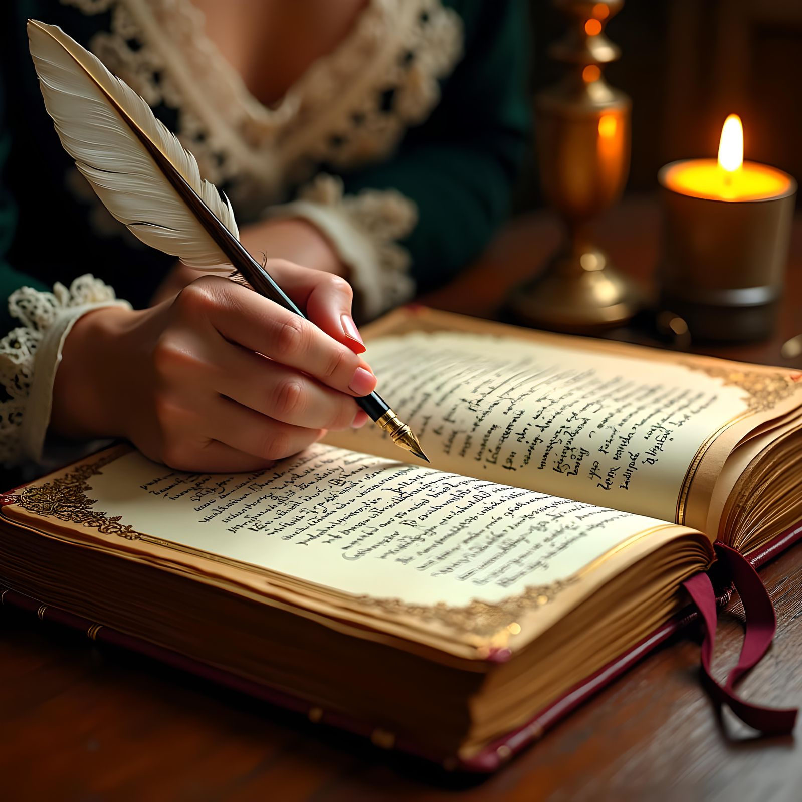 a Victorian woman’s hand is holding an ink quill pen