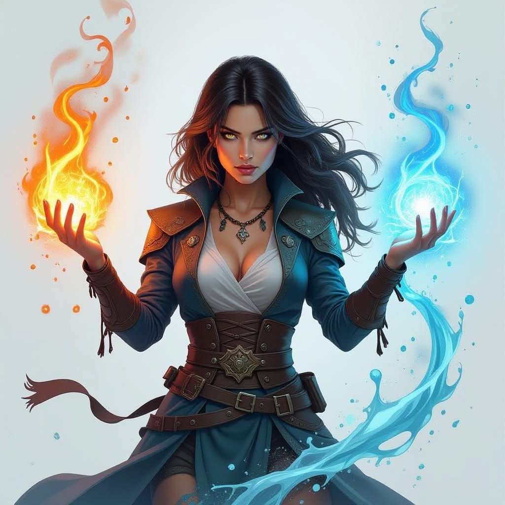 Sorceress Channeling Dual Elemental Magics in Vibrant Fantas...