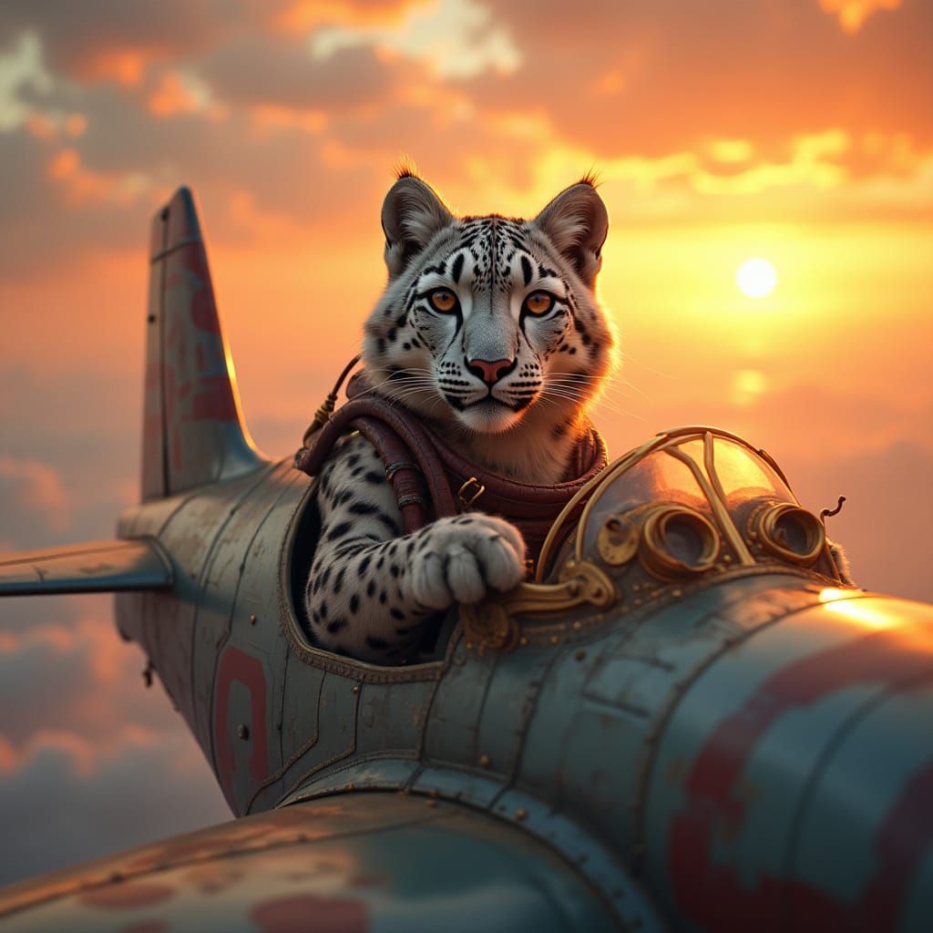 Digital painting. An anthropomorphic snow leopard pilot in a steampunk fighter plane soars through a vibrant sunset sky....