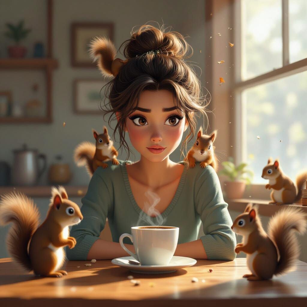 Woman Overwhelmed by Squirrels in Chaotic Coffee Scene