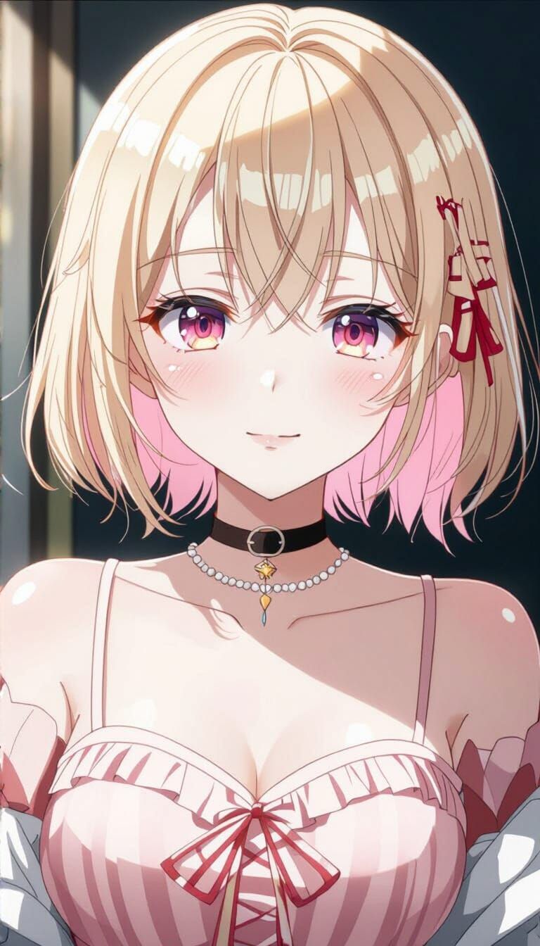 Blonde Girl with Pink Highlights in Anime Style