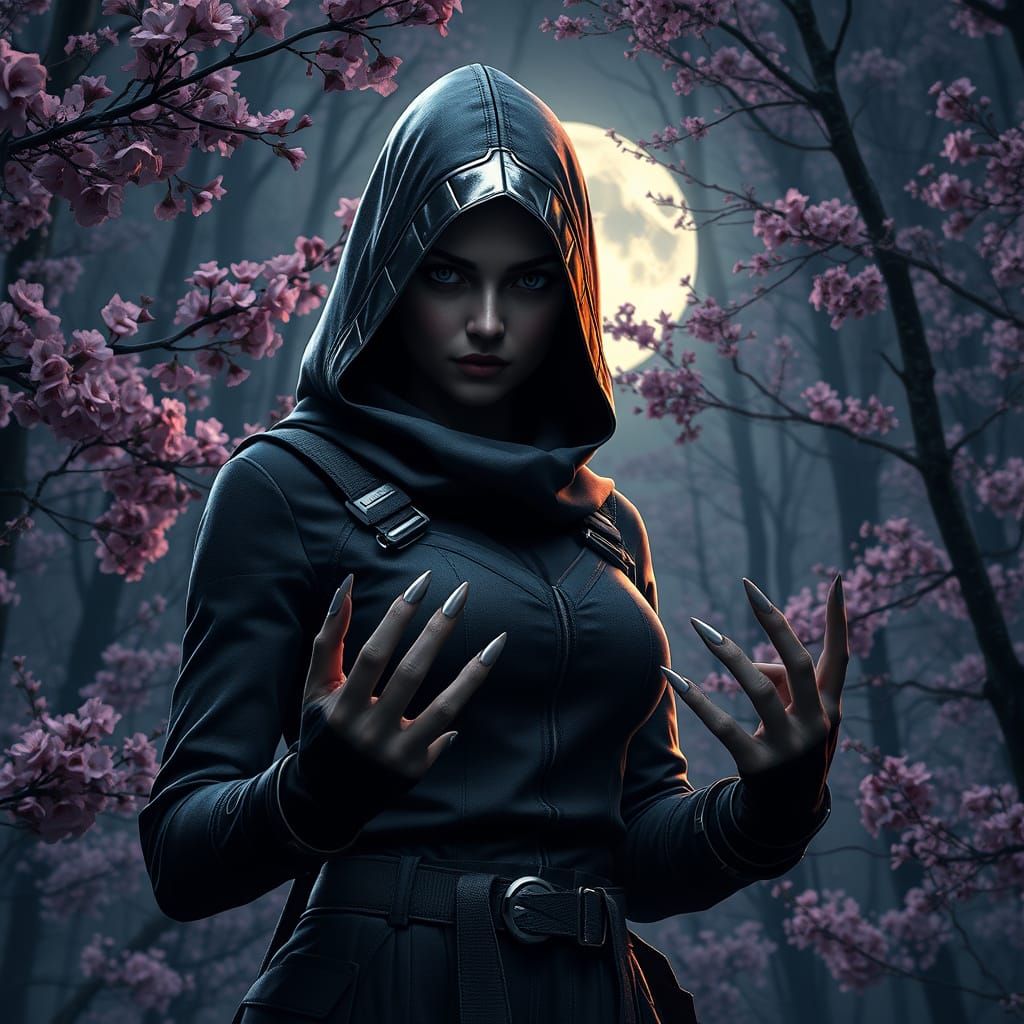 Surreal Ninja Woman Lurks in Sakura Forest Under Full Moon