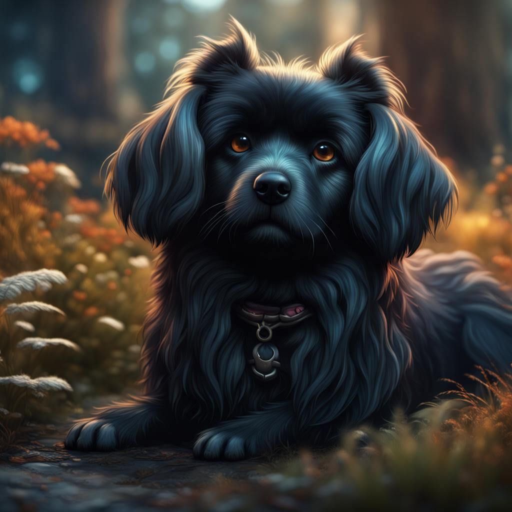 Cute Fluffy Black Dog Fantasy Concept Art