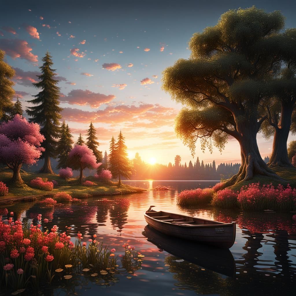 Lake at Sunset: Detailed Matte Painting in 8K