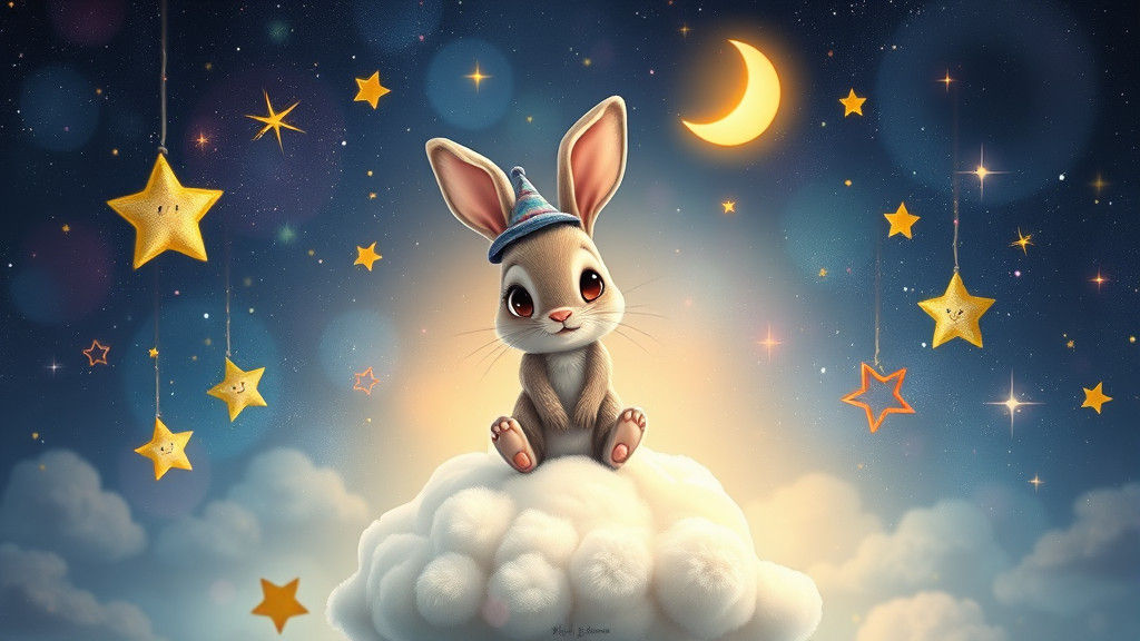 Whimsical Rabbit on Cloud in Dreamy Night Sky