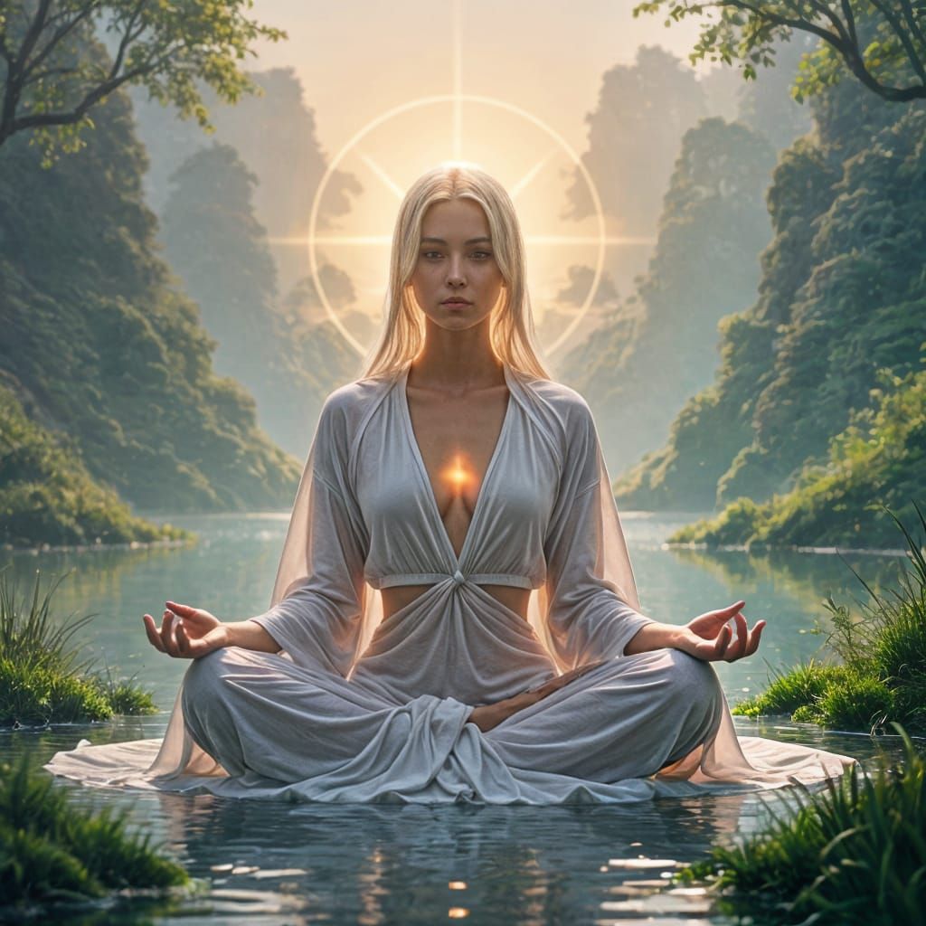 Ethereal Woman with Cosmic Light Over Heart