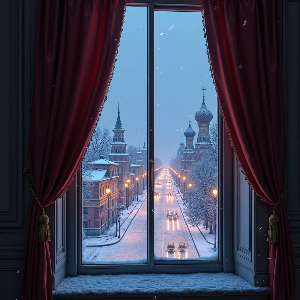 Night View of Snowy Moscow From Palace Window