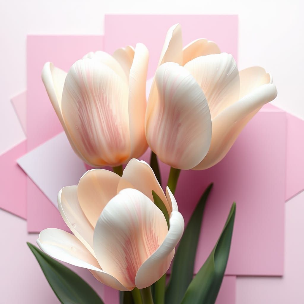 A highly detailed digital painting of delicate, pale pastel tulips. A range of pastel shades. The flowers have smooth, v...
