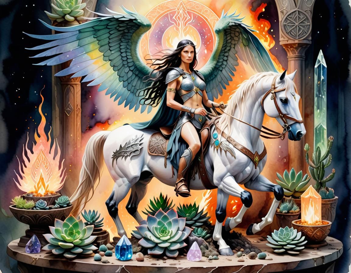Valkyrie with Winged Horse in Watercolor Style