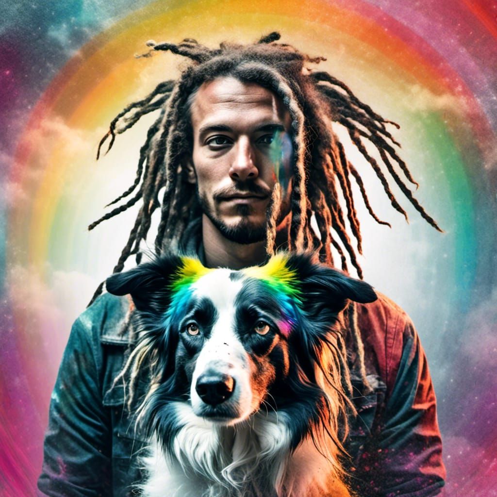 Rainbow Double Exposure: Man and Border Collie