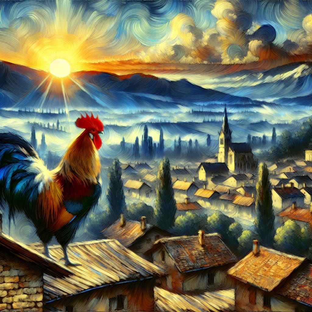 Rooster Overlooking Medieval Village as Impressionist Painti...