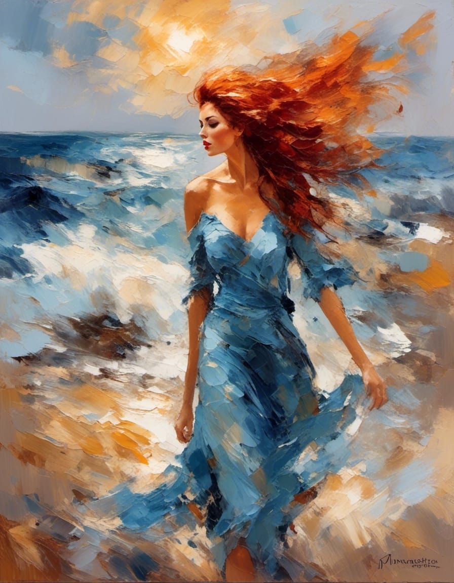 Impressionist Woman with Flowing Red Hair on Beach