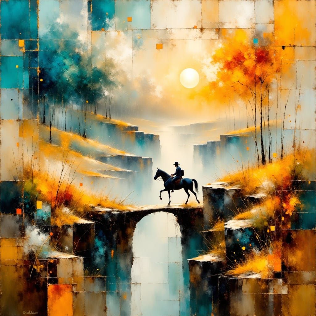 Horseman Galloping Across Bridge as Alcohol Ink Painting