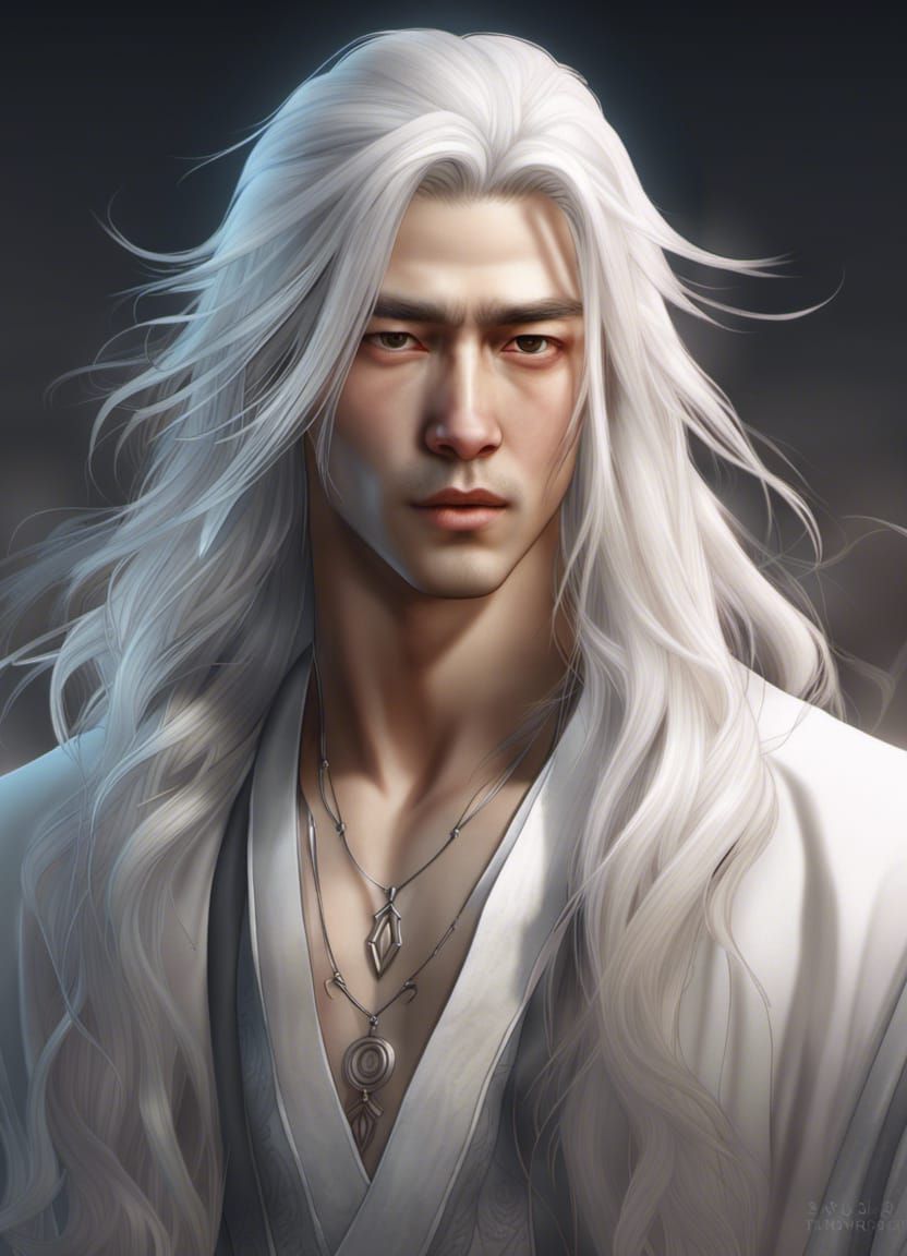 Young man with long white hair