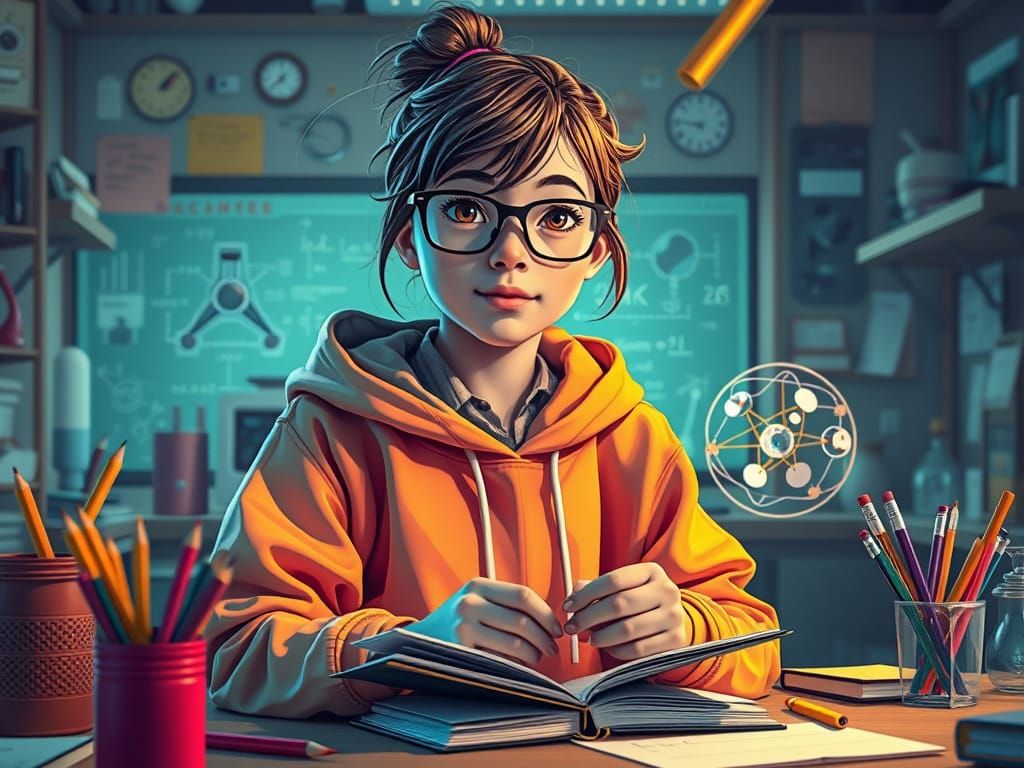 Girl Conversing with Science in Futuristic Lab