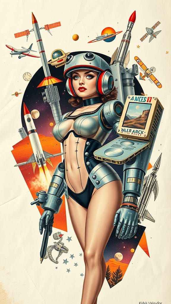Retro-Futuristic Robot in Vintage Space Collage