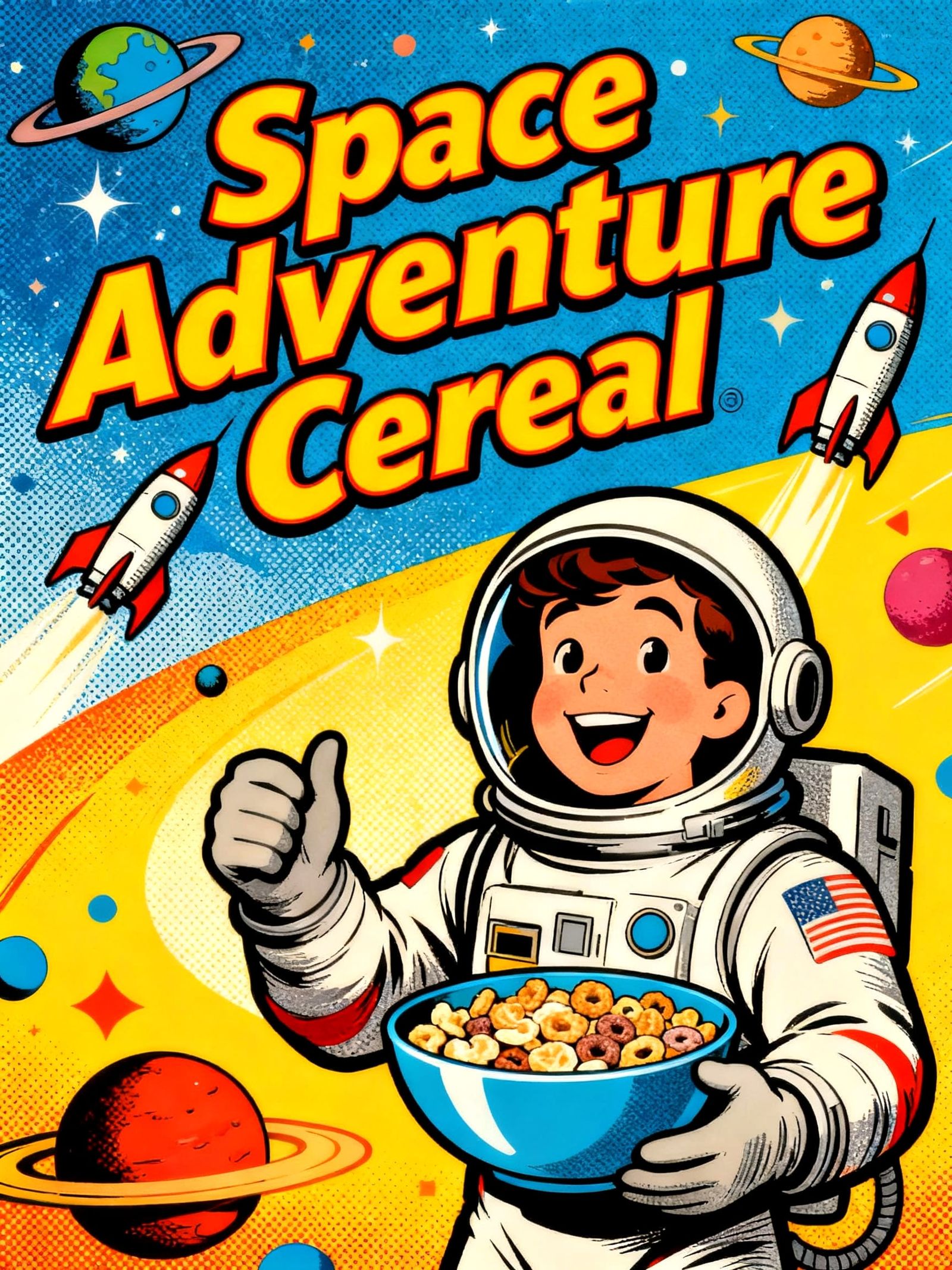 Retro 1960s Space Adventure Cereal Box Design