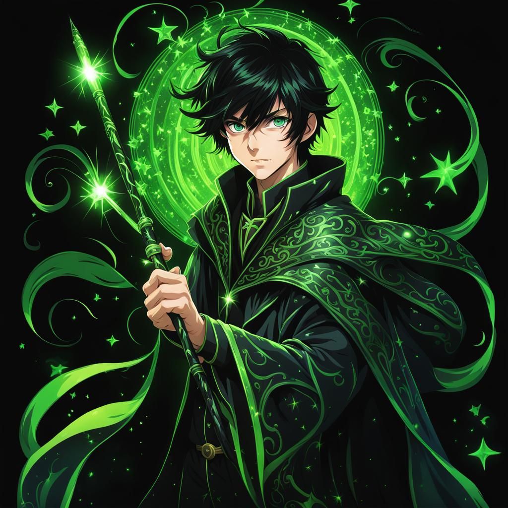 Anime Wizard with Neon Green Magic in Chiaroscuro