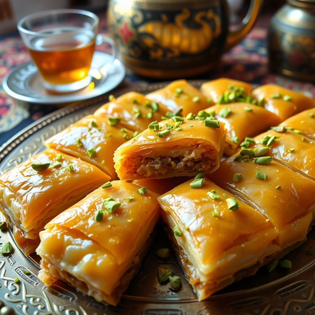Traditional Turkish Baklava Pastry in Honey and Pistachio