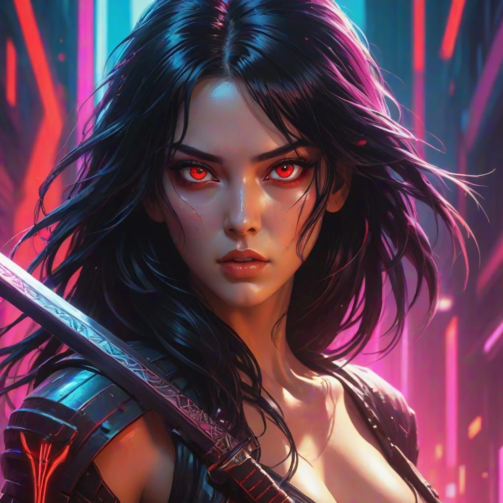Fierce Cyberpunk Warrior Woman in Neon Retro Background