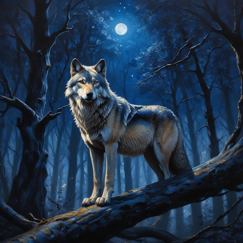Majestic Silver Wolf in Starry Night Forest, in Baroque Oil ...