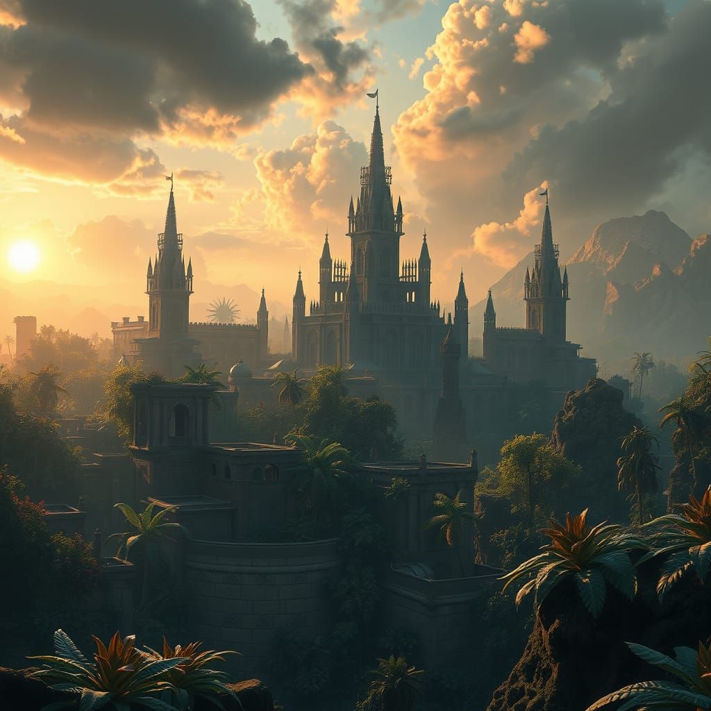 Ancient City Emerges from Jungle Ruins in Golden Light