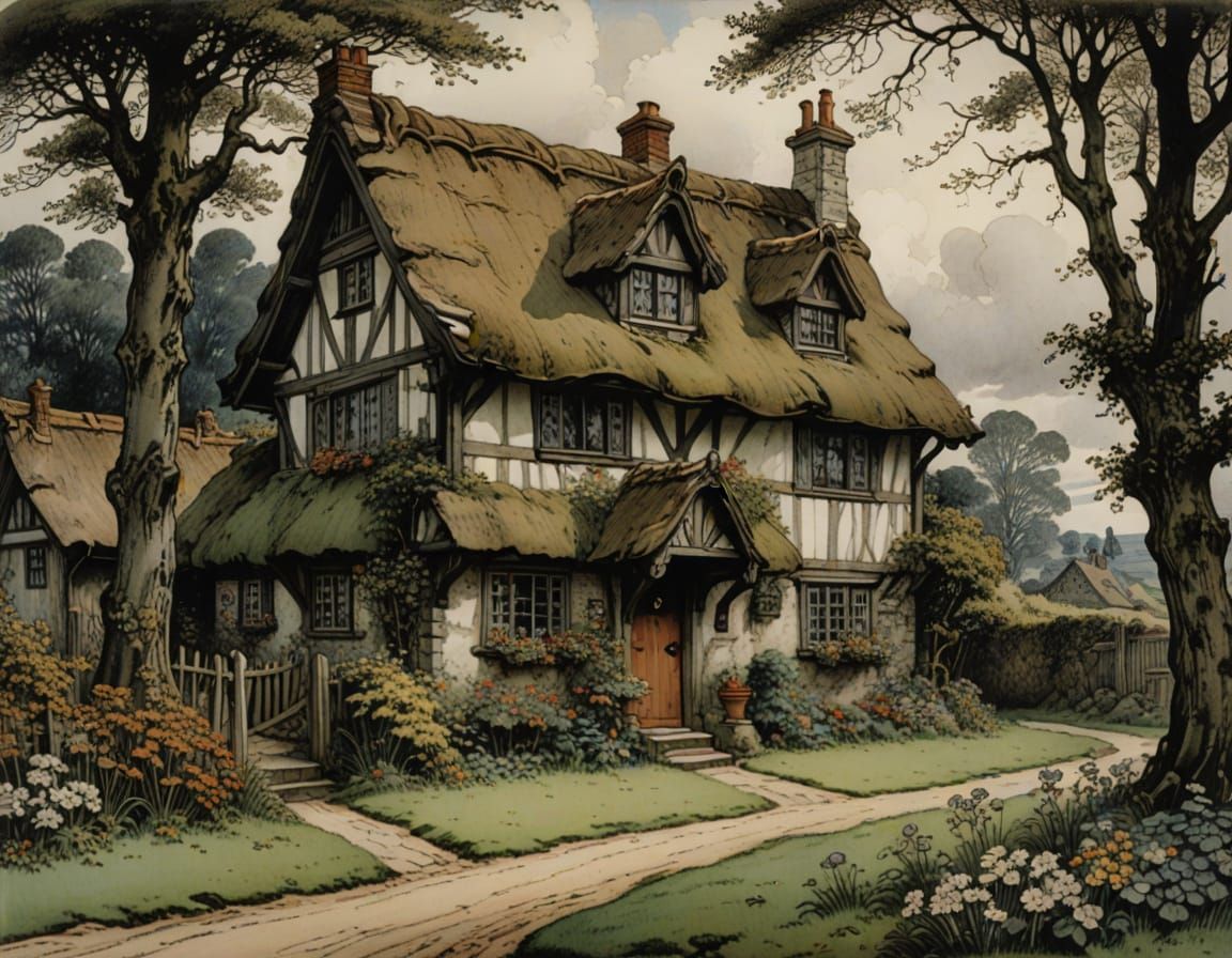 Quaint Cottage in Lithography Style