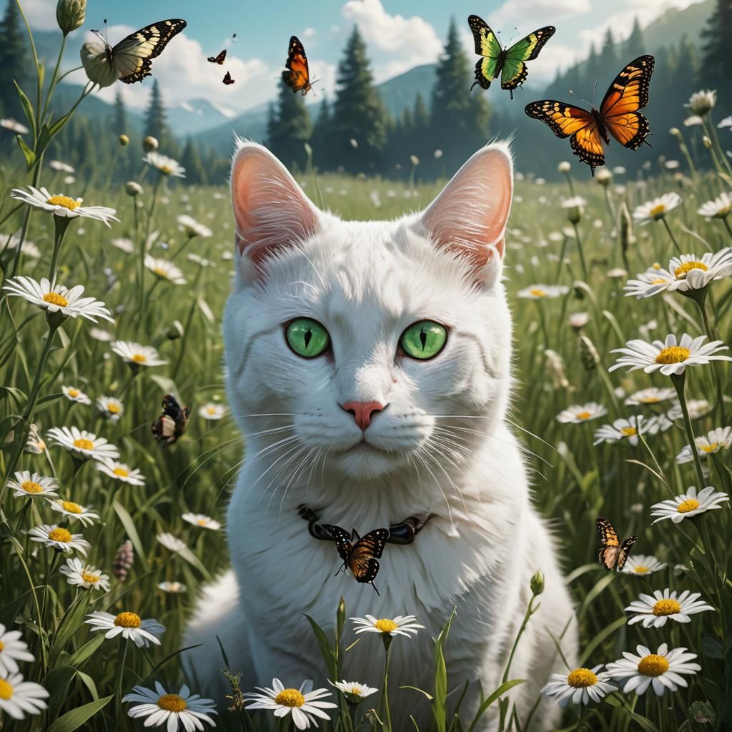 White Cat and Butterfly in Meadow